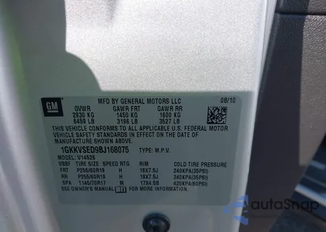 2011 GMC Acadia Slt-2 from USA, damaged, VIN 1GKKVSED9BJ168075